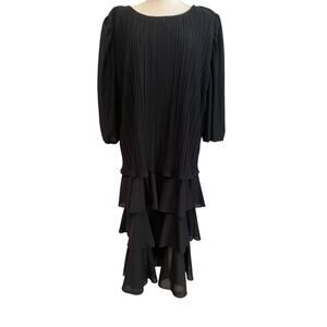 Vintage Black‎ Dress 16 Maxi Whimsigoth Pleated Tiered Cocktail Event NYE Mature